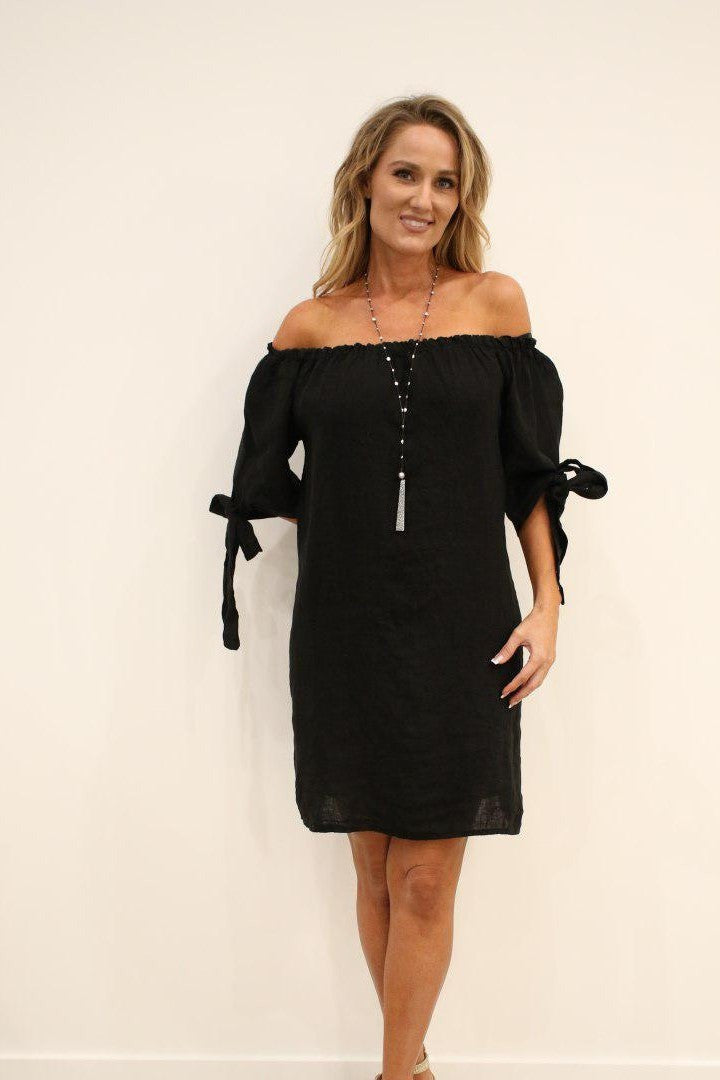 Italian Linen Off The Shoulder Dress Dress Raw Moda One Size Black