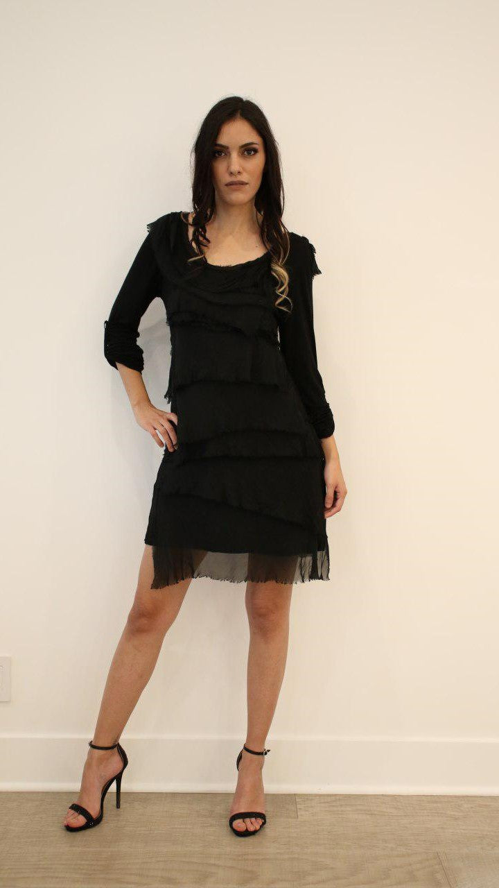 Raw Moda Italian Long Sleeve Ruffle Dress Dress Raw Moda One Size Black