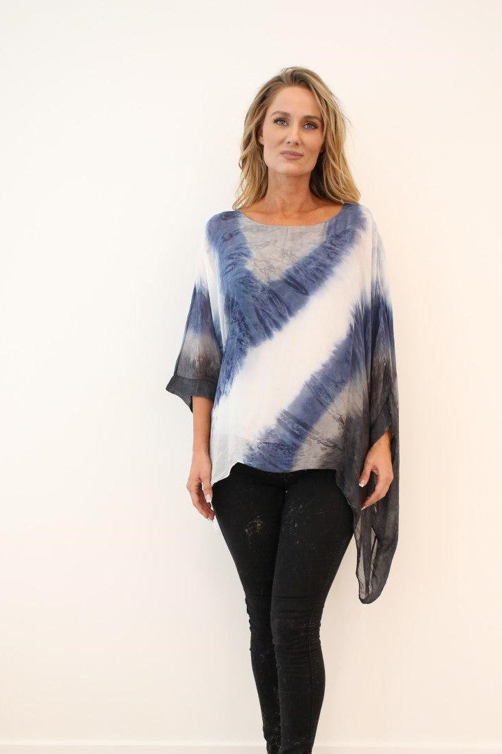 Italian Silk Tie Dye Raw Moda Top Top Raw Moda One Size Blue