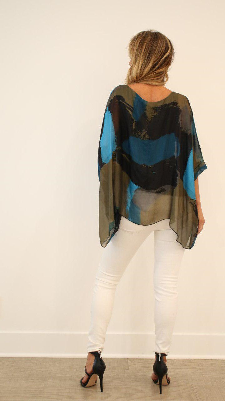 Italian Hand Painted Pattern Raw Moda Silk Top Top Raw Moda