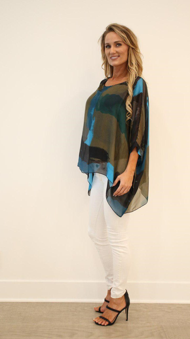 Italian Hand Painted Pattern Raw Moda Silk Top Top Raw Moda