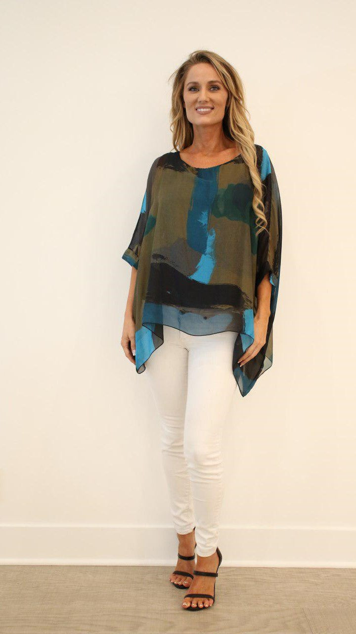 Italian Hand Painted Pattern Raw Moda Silk Top Top Raw Moda One Size Teal