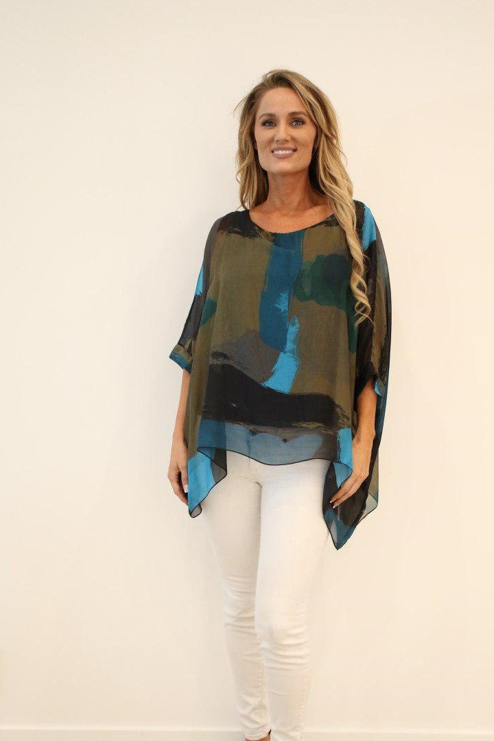 Italian Hand Painted Pattern Raw Moda Silk Top Top Raw Moda One Size Teal