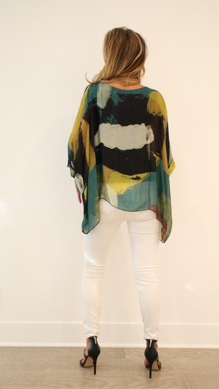 Italian Hand Painted Pattern Raw Moda Silk Top Top Raw Moda