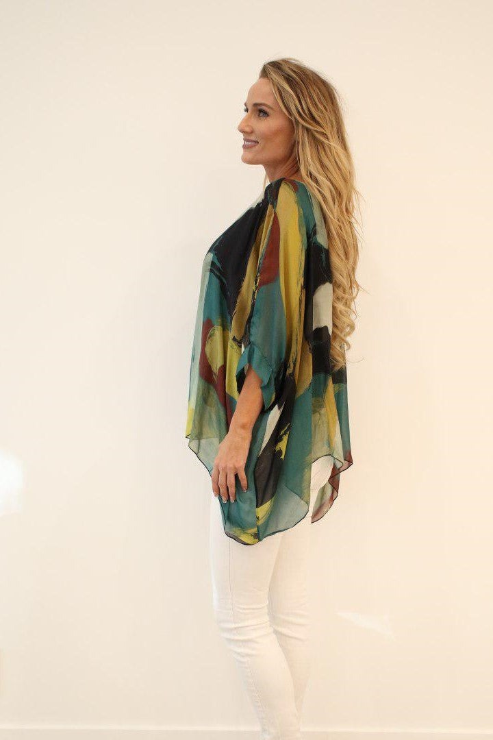 Italian Hand Painted Pattern Raw Moda Silk Top Top Raw Moda