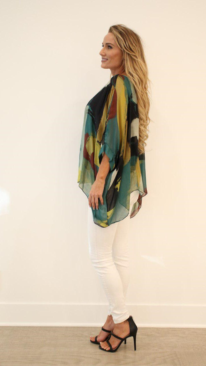 Italian Hand Painted Pattern Raw Moda Silk Top Top Raw Moda