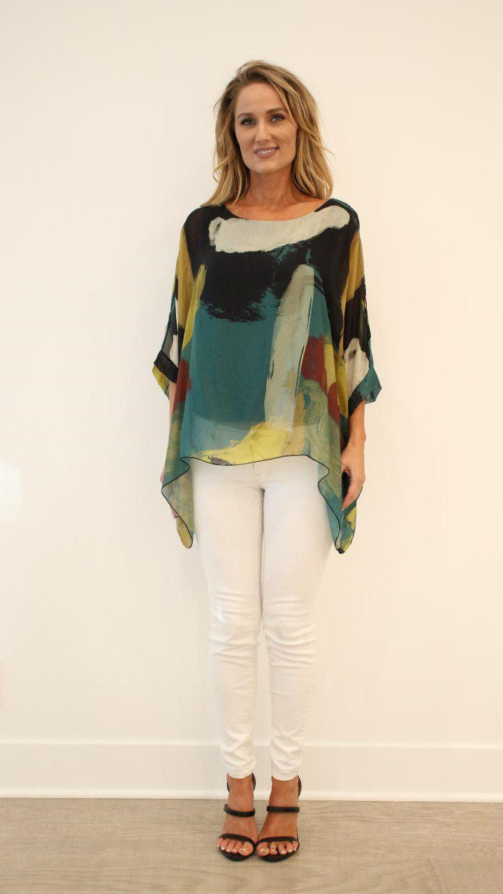 Italian Hand Painted Pattern Raw Moda Silk Top Top Raw Moda One Size Mustard