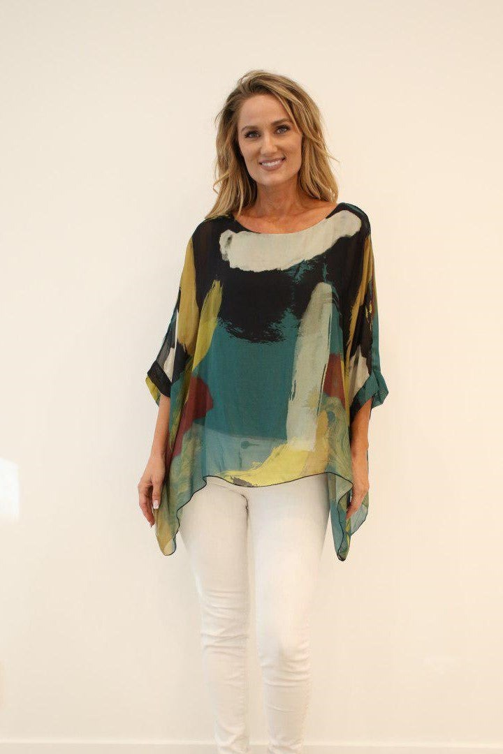 Italian Hand Painted Pattern Raw Moda Silk Top Top Raw Moda