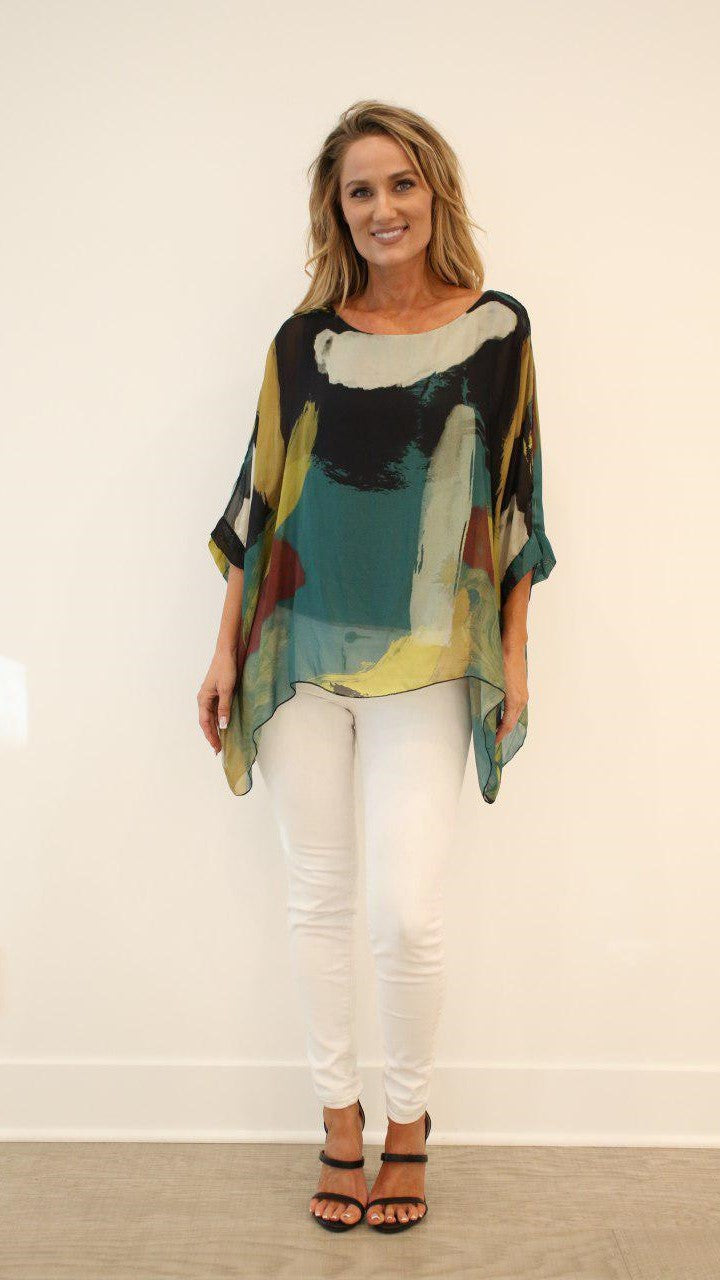 Italian Hand Painted Pattern Raw Moda Silk Top Top Raw Moda