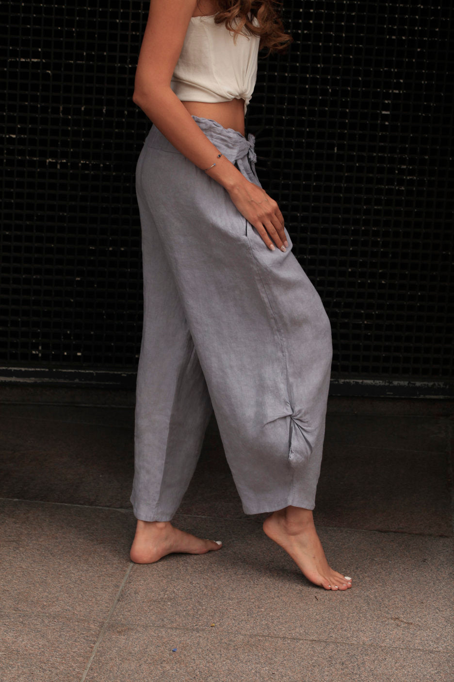 Italian Linen Comfortable Pants With Adjustable Waist Pants Raw Moda Gray One Size