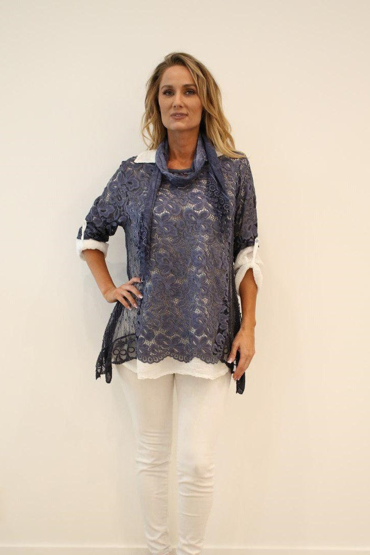 Italian Blouse Shirt Top Licia in Three Pieces Raw Moda Top Raw Moda One Size Blue