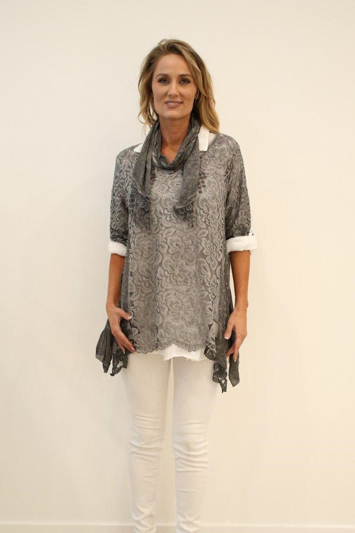 Italian Blouse Shirt Top Licia in Three Pieces Raw Moda Top Raw Moda One Size Gray
