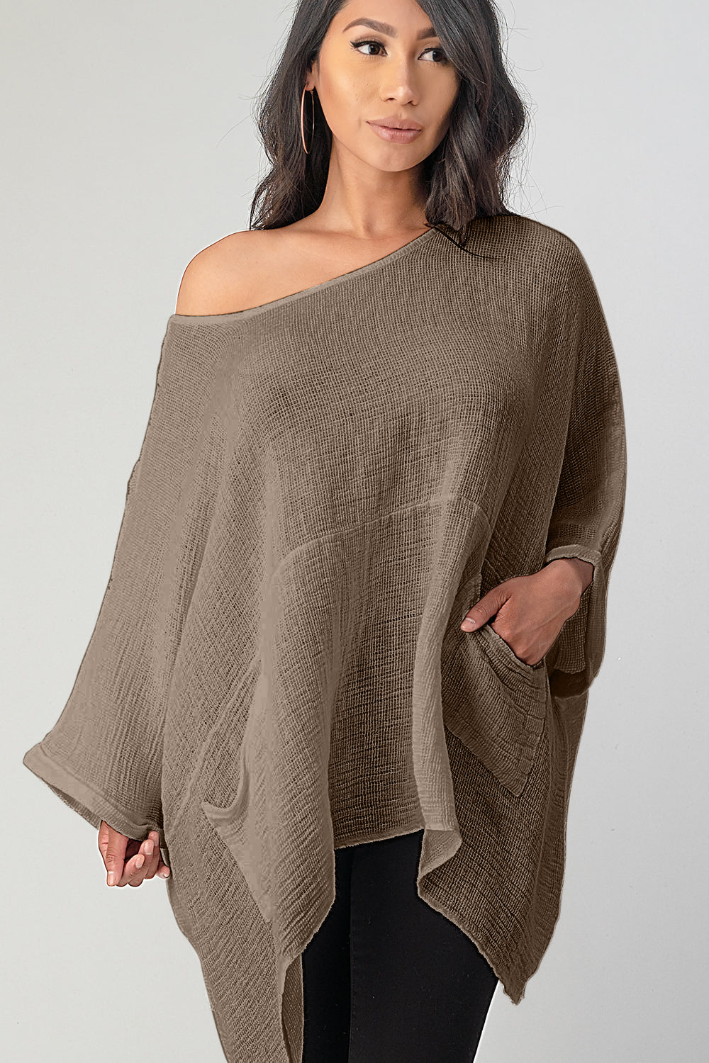Big Cut Glora Linen Tunic With Front Pockets Top Raw Moda Taupe One Size 