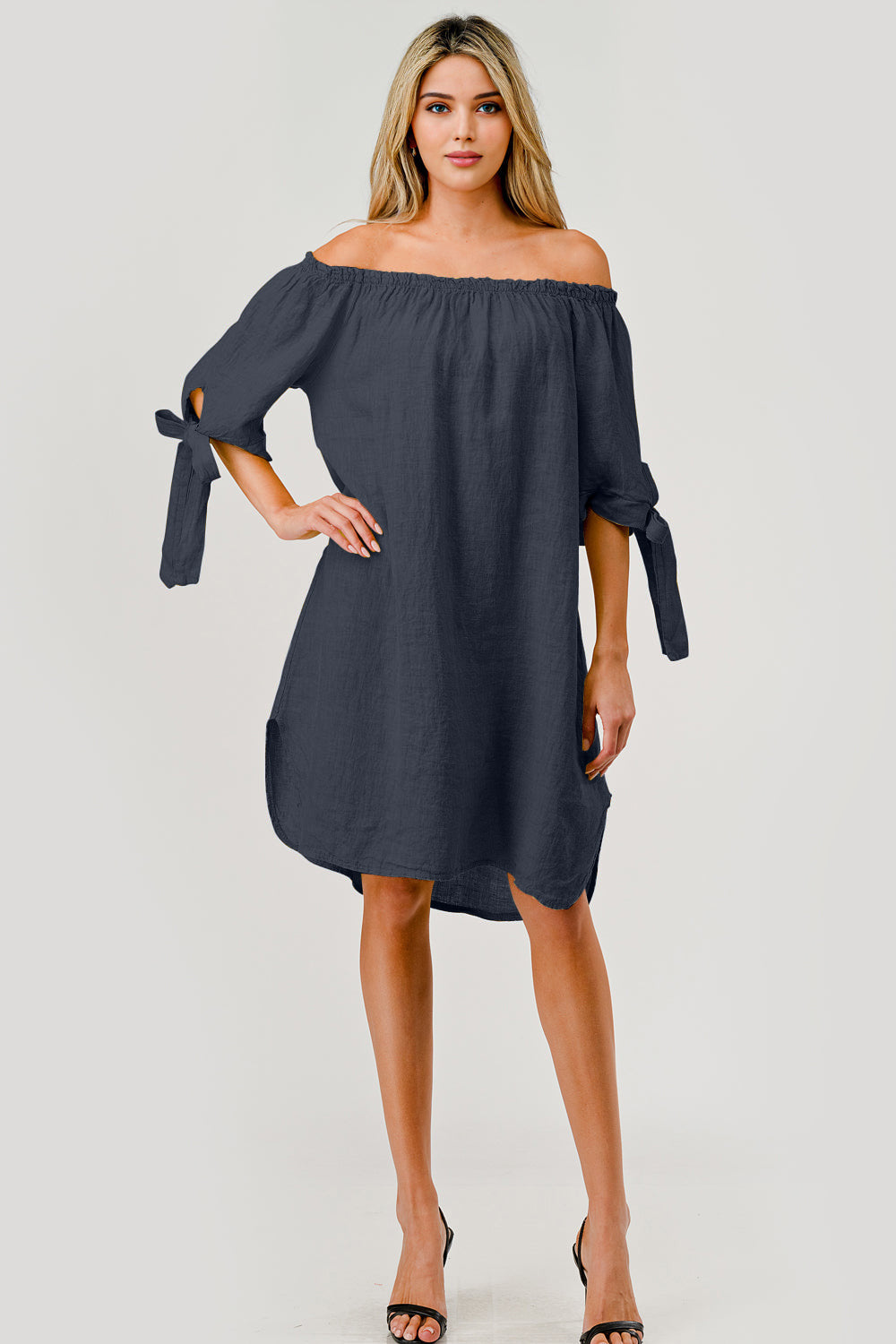 Italian Linen Off The Shoulder Dress - Raw Moda
