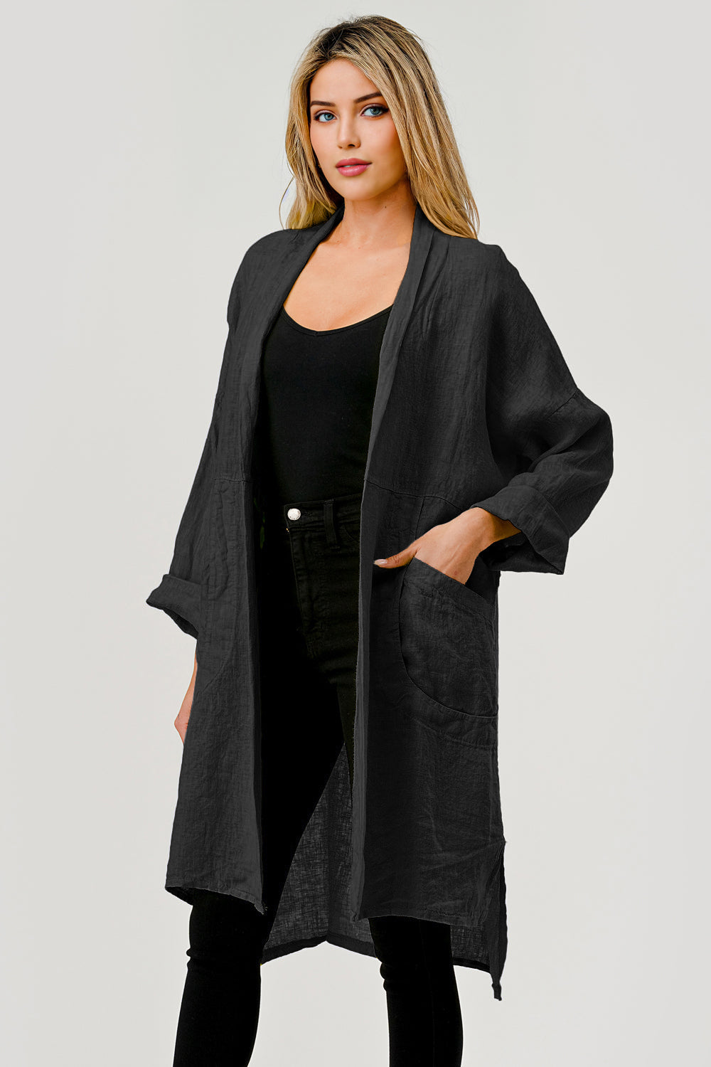 Long italian Linen Cardigan w Packets - Raw Moda