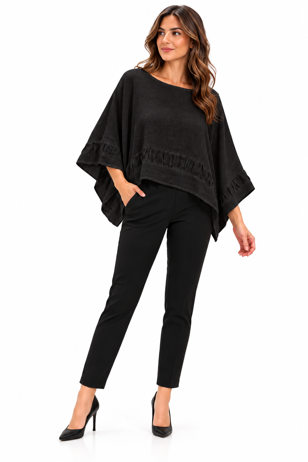 Raw Moda Capri Ruffle Poncho Top in Black