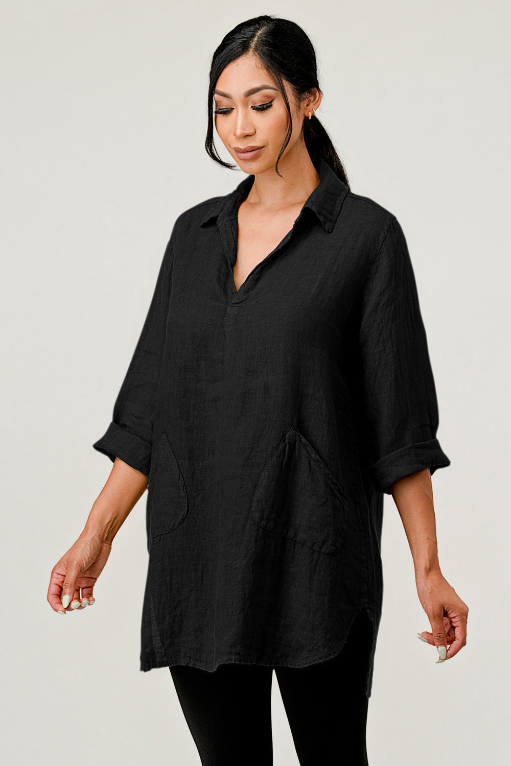 Wide Collar Shanon Linen Tunic W pockets - Raw Moda