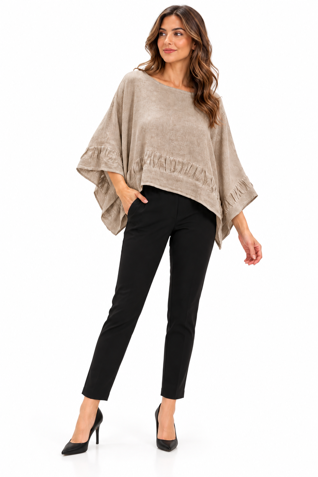 Raw Moda Capri Ruffle Poncho Top in Beige
