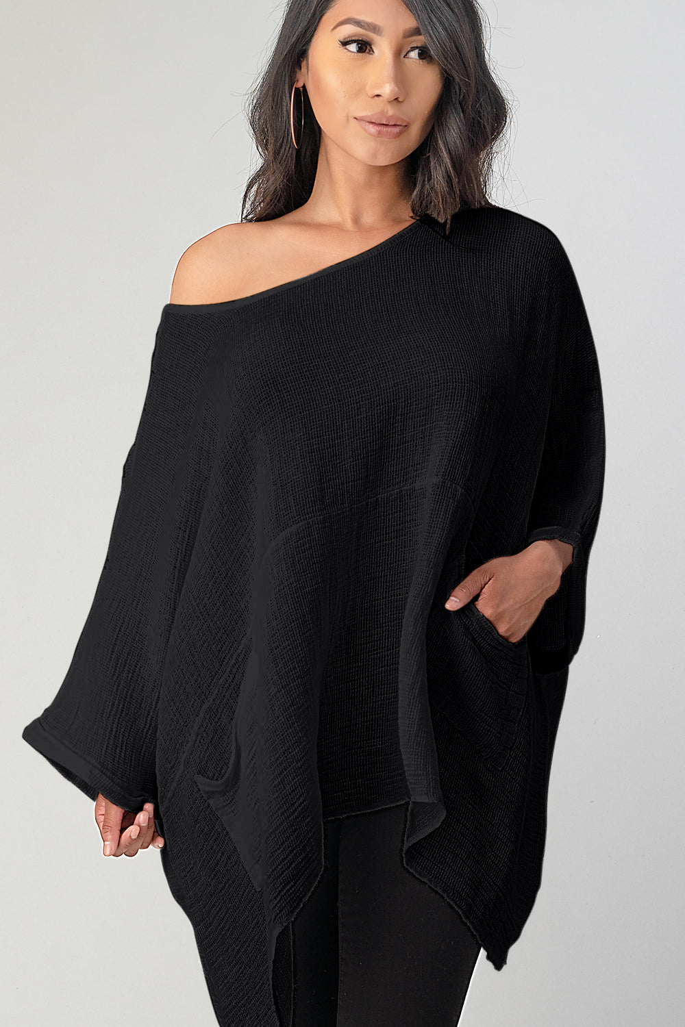 Big Cut Glora Linen Tunic With Front Pockets Top Raw Moda Black One Size 