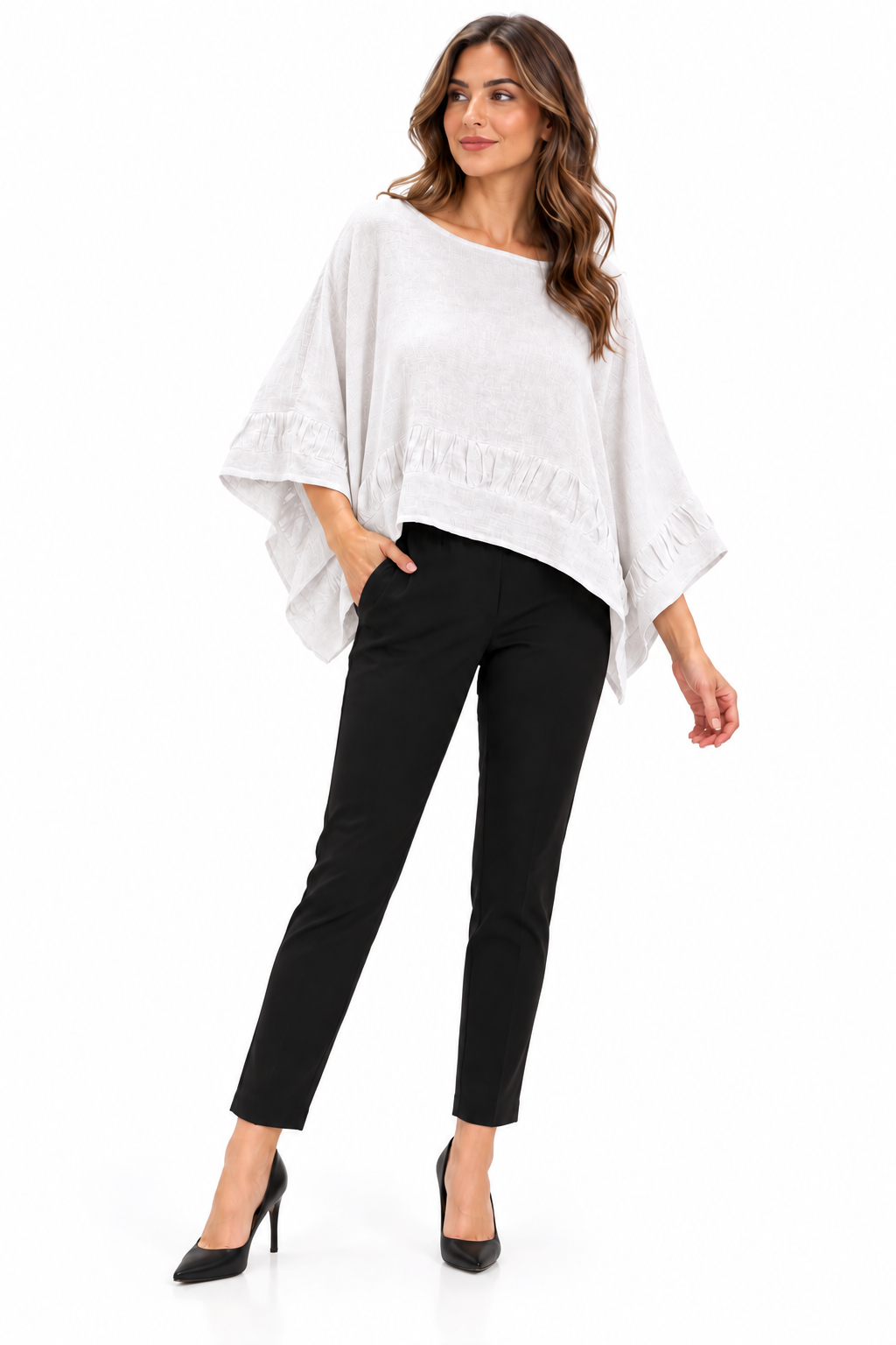 Raw Moda Capri Ruffle Poncho Top in White