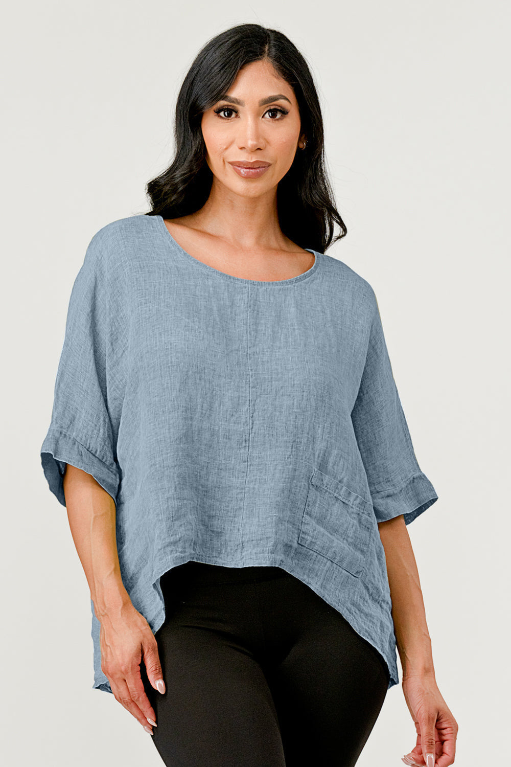 V Back Italian Linen Top W Pocket - Raw Moda