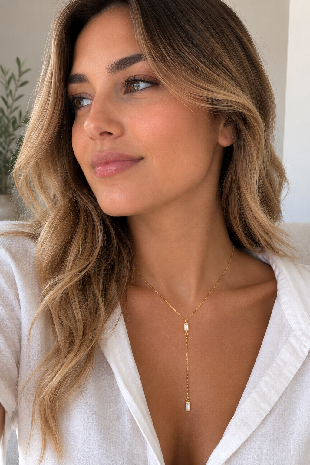 Lariat Cubic Zirconia Thin Cuban Chain Necklace