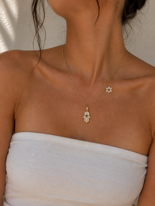 Hamsa with Star David Charm Necklace