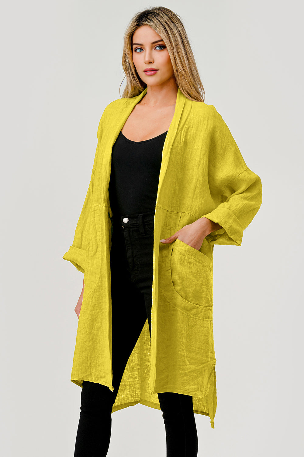 Long italian Linen Cardigan w Packets - Raw Moda