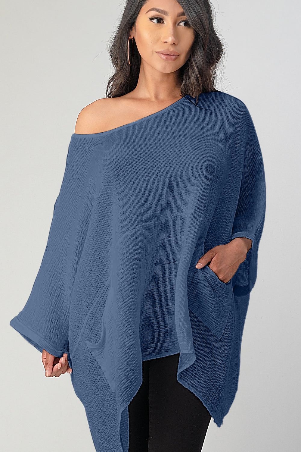 Big Cut Glora Linen Tunic With Front Pockets Top Raw Moda Blue One Size 