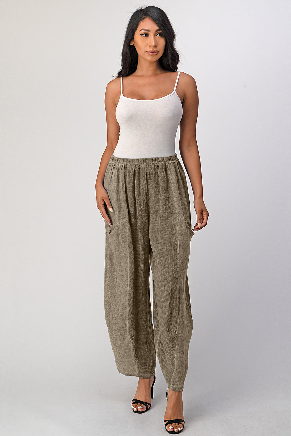Straight Cotton Linen Pants With Pockets Bottom Raw Moda One Size Brown 