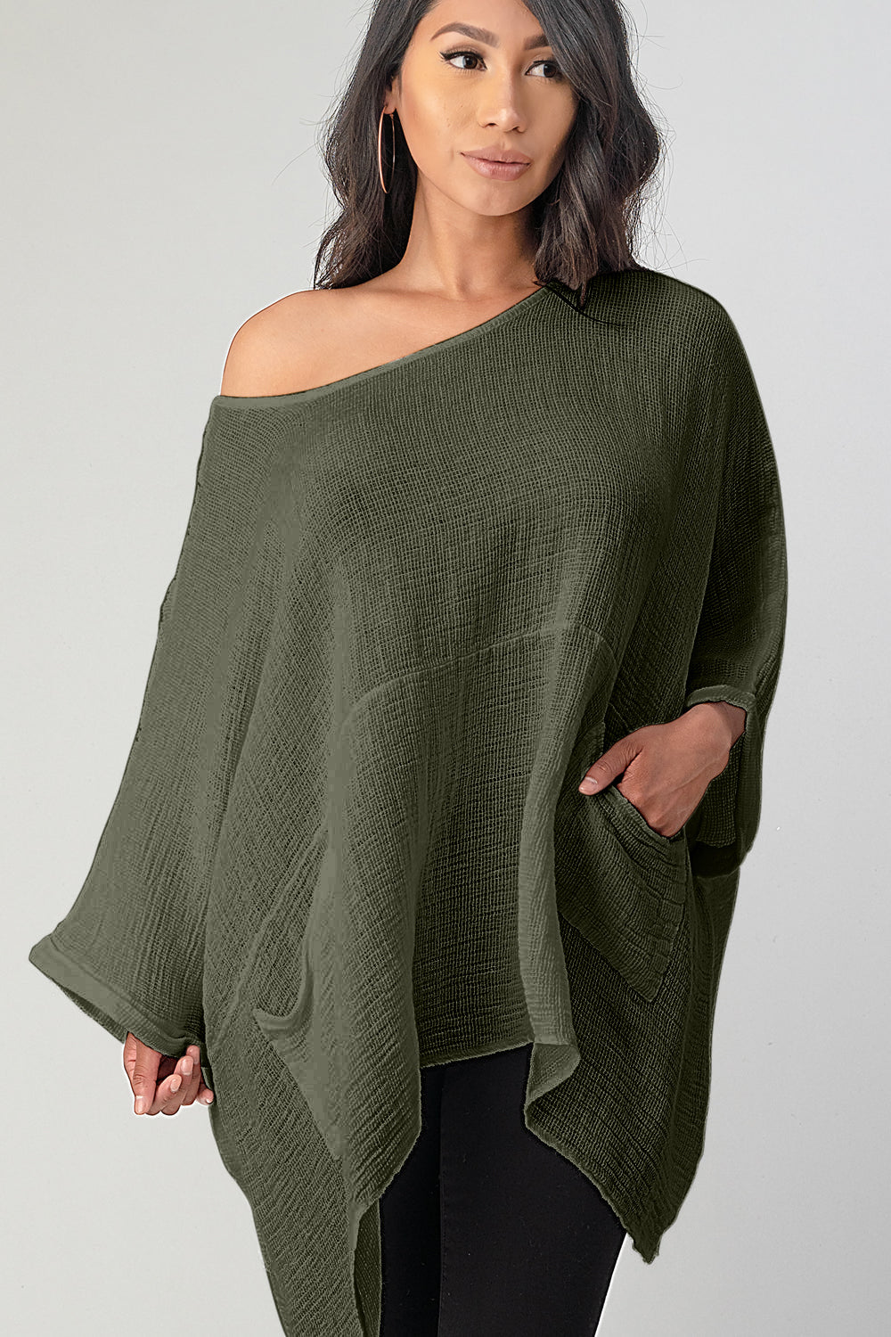 Big Cut Glora Linen Tunic With Front Pockets Top Raw Moda Olive One Size 