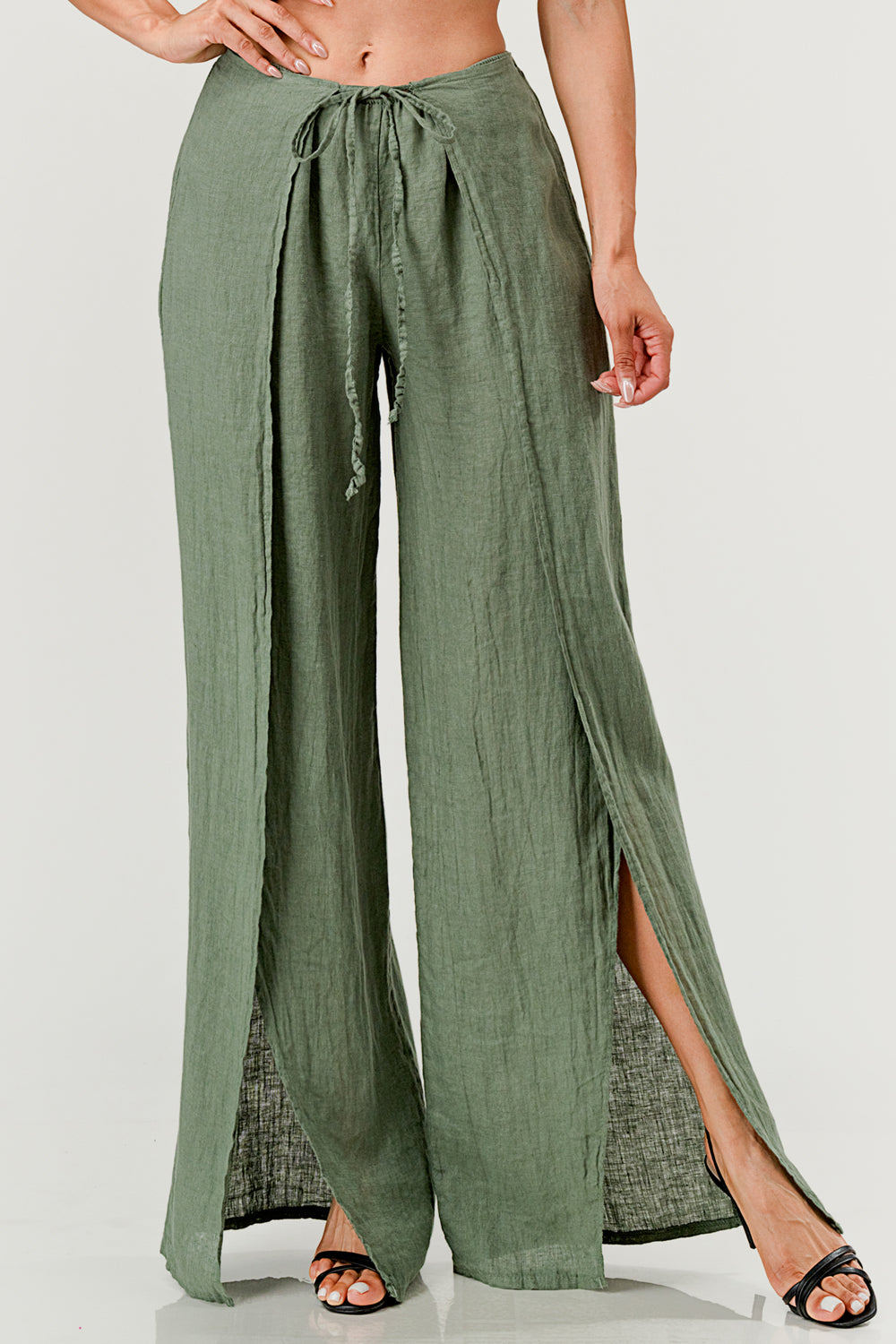 Monika Side Layered Linen Pants Bottom Raw Moda One Size Olive 