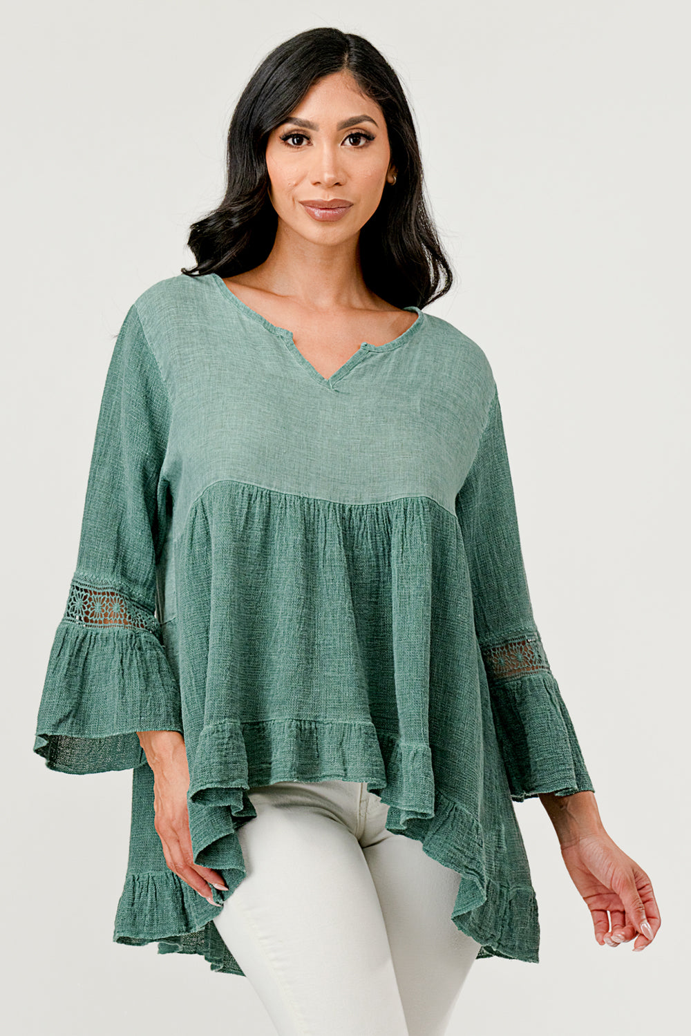 Raw Moda Lace Sleeves Linen Cotton Top Top Raw Moda One Size Teal 