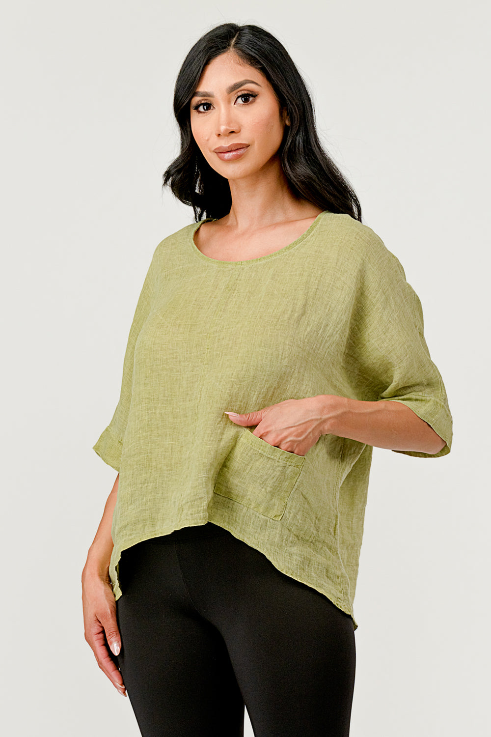 V Back  Italian Linen Top w Pocket Top Raw Moda   