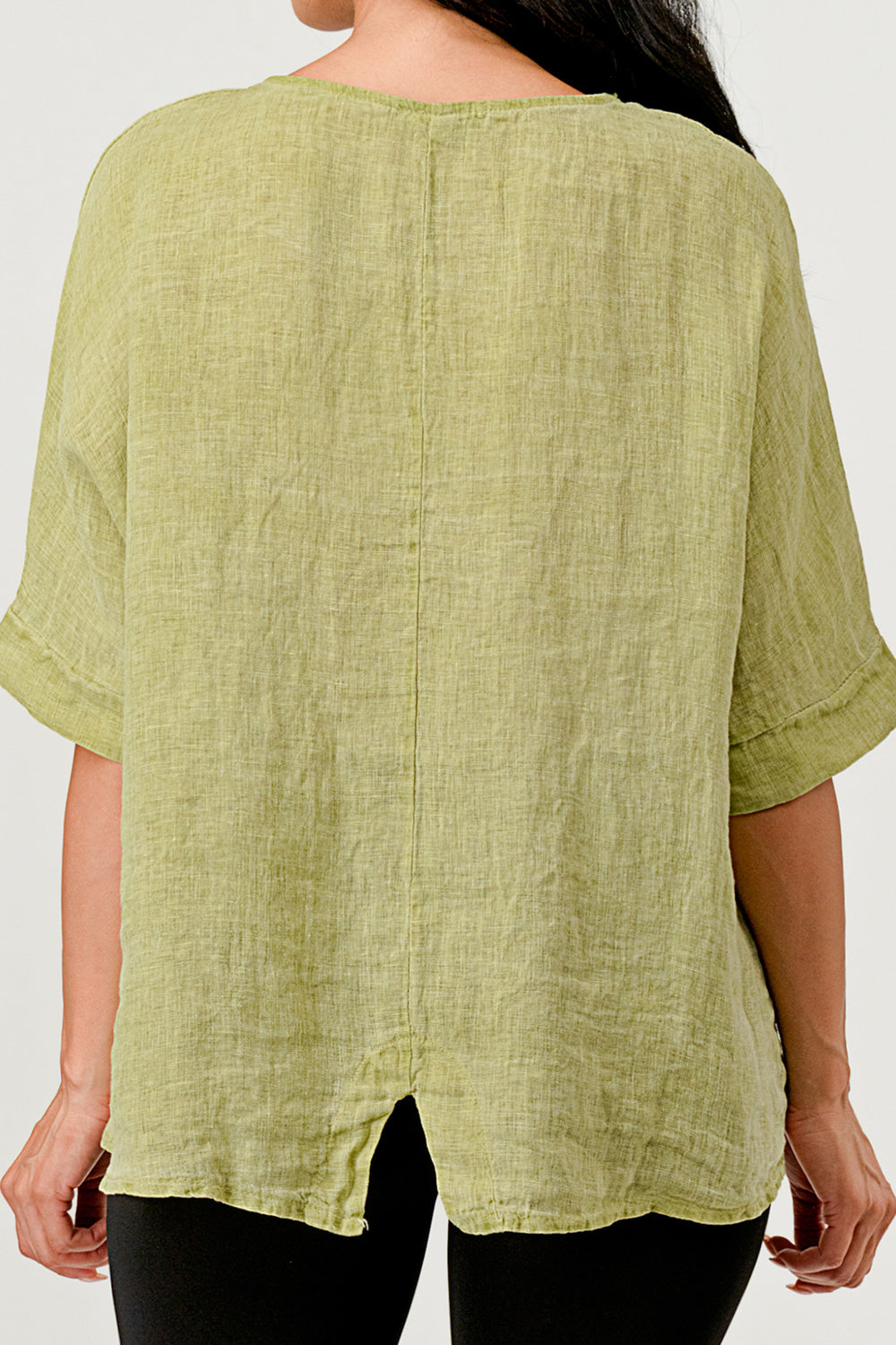 V Back  Italian Linen Top w Pocket Top Raw Moda   