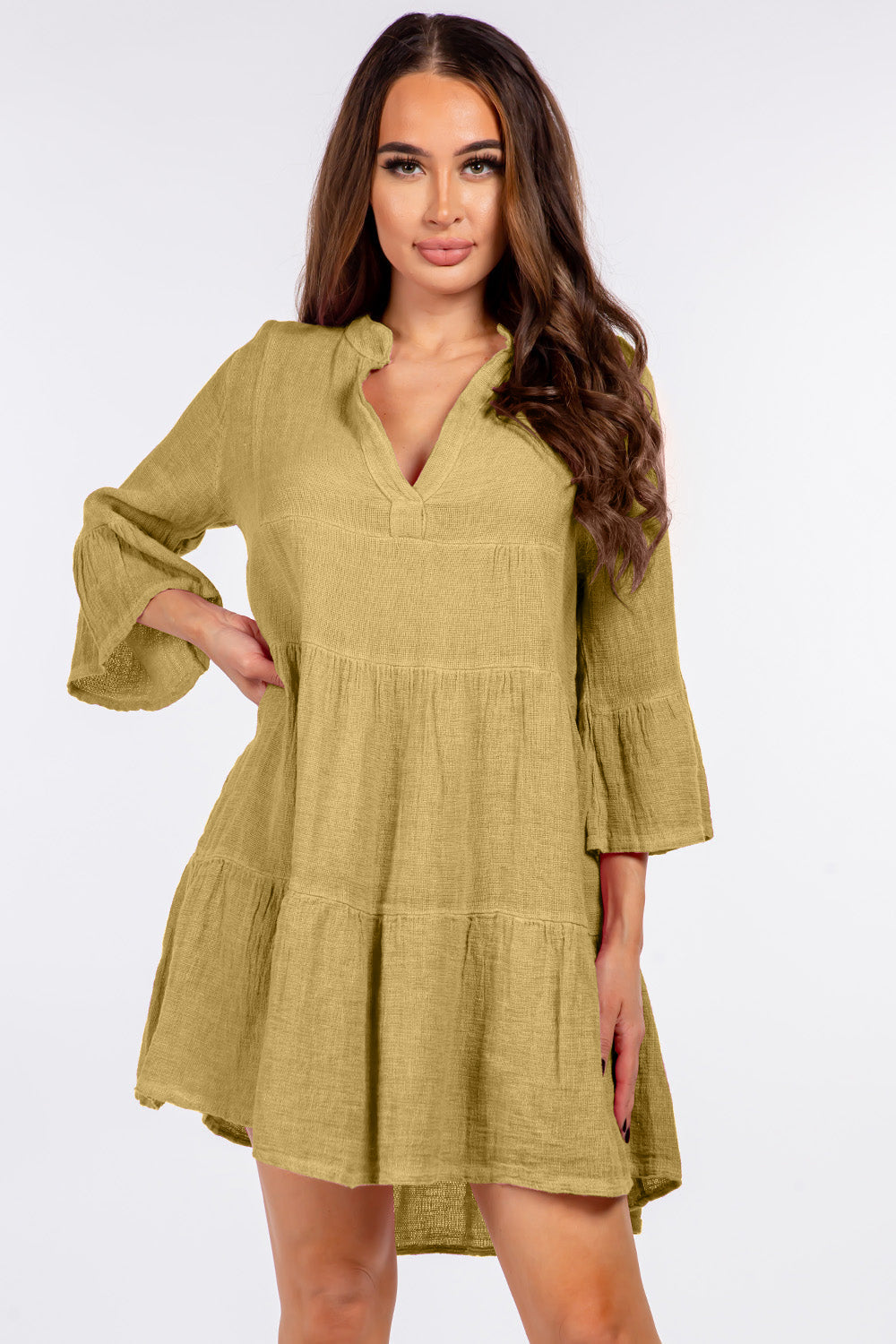 Raw Moda Italian V neck Linen Ruffle Dress Apparel & Accessories Raw Moda One Size Mustard 