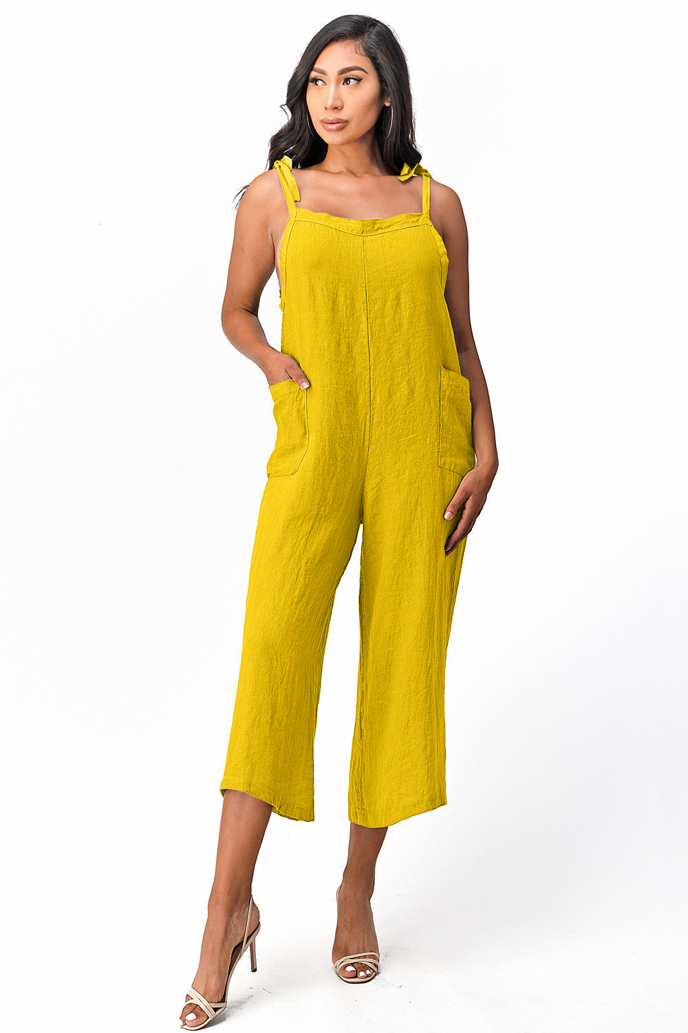 Raw Moda Sides Adjustable Linen Romper Dress Raw Moda One Size Mustard 