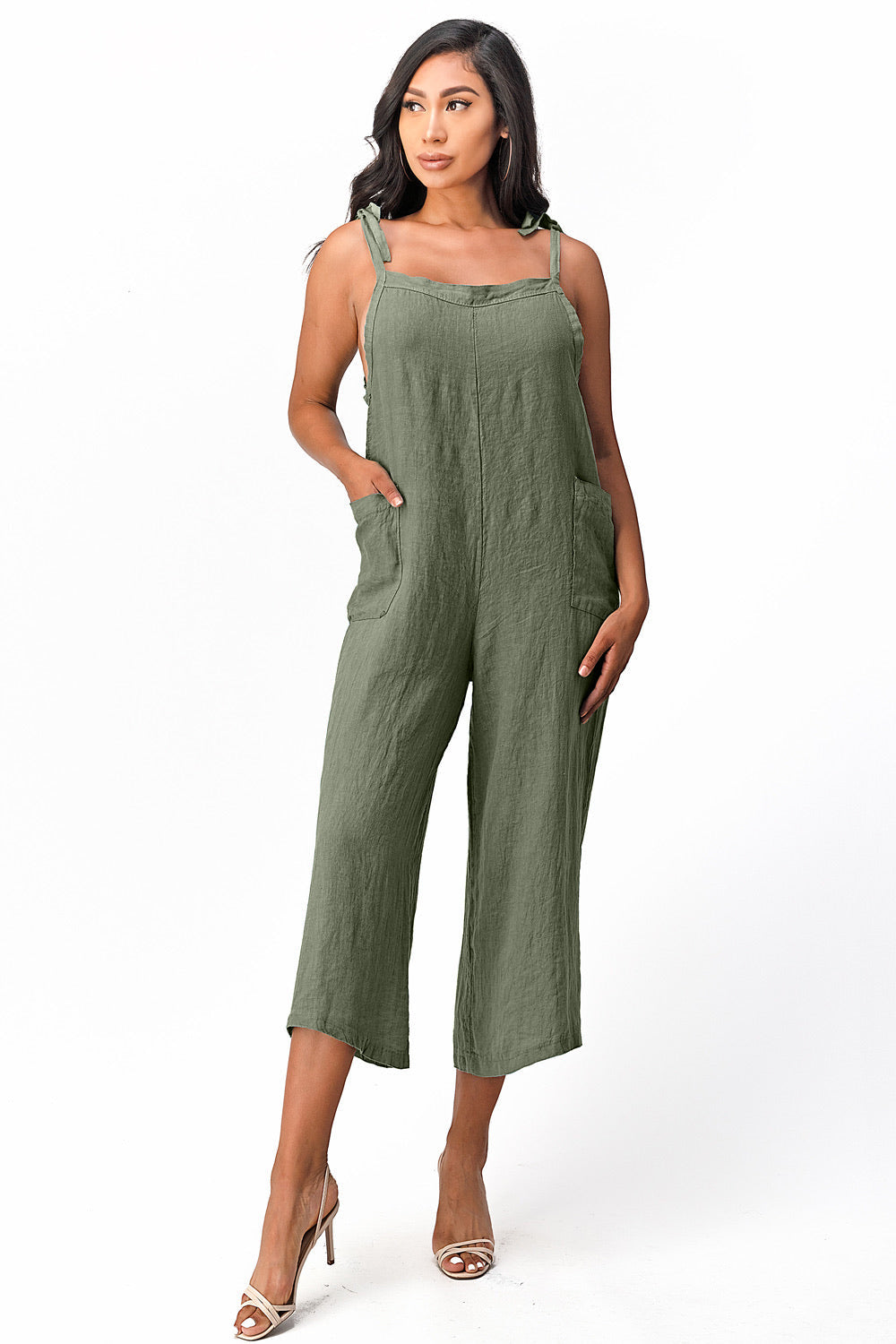 Raw Moda Sides Adjustable Linen Romper Dress Raw Moda One Size Olive 