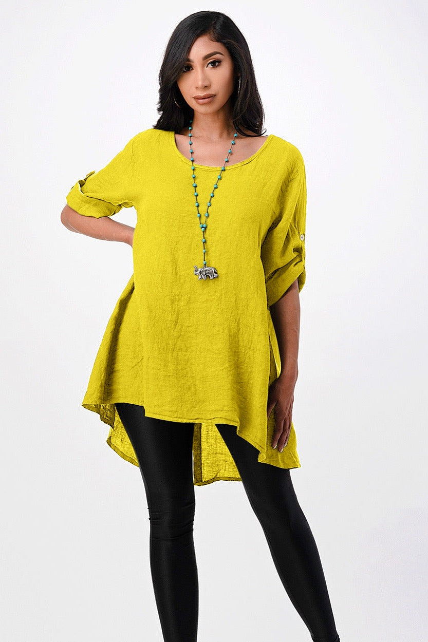 Long Italian Linen Button Back Top Tunic Top Raw Moda One Size Mustard 