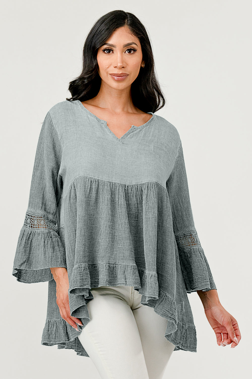 Raw Moda Lace Sleeves Linen Cotton Top Top Raw Moda One Size Olive 