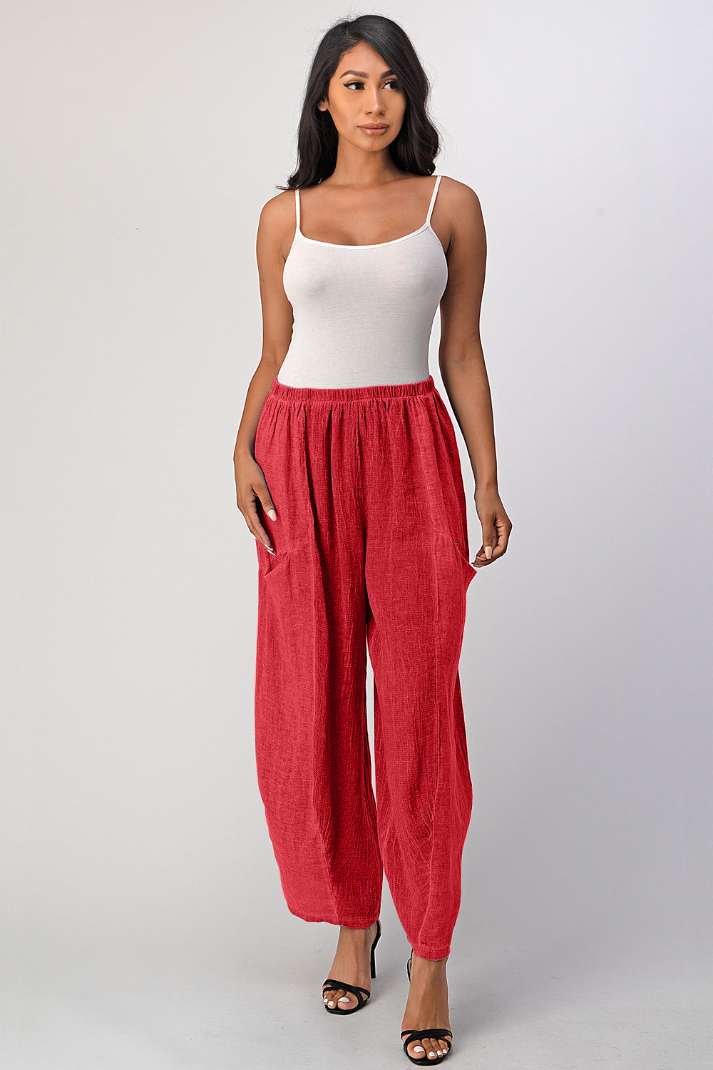 Straight Cotton Linen Pants With Pockets Bottom Raw Moda One Size Red 