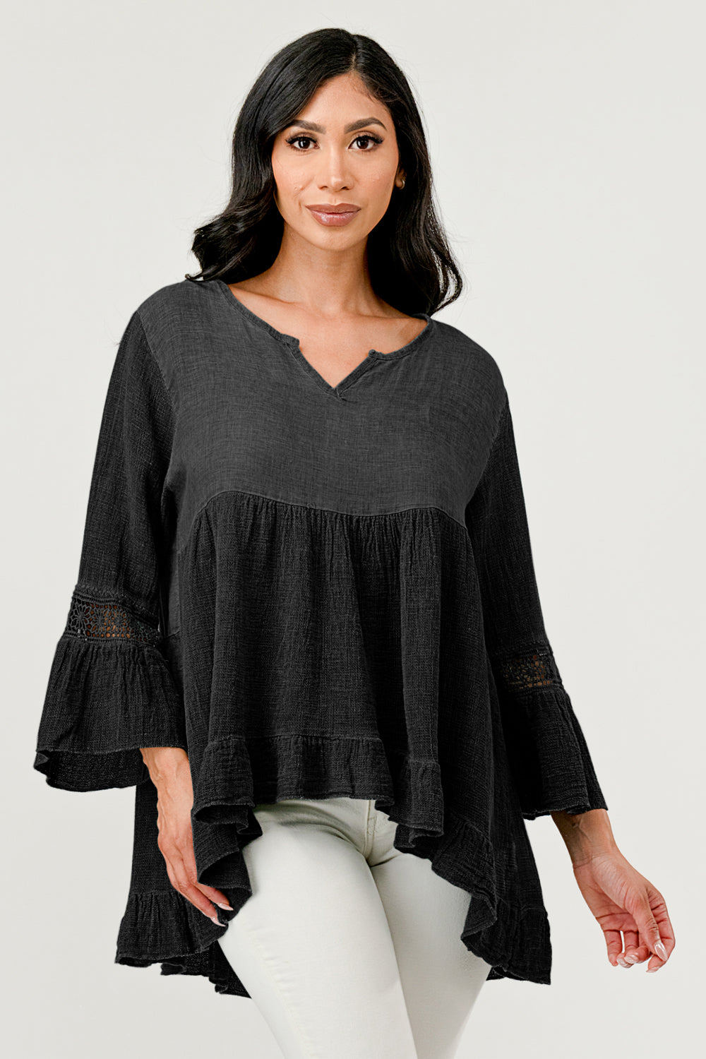 Raw Moda Lace Sleeves Linen Cotton Top Top Raw Moda One Size Black 