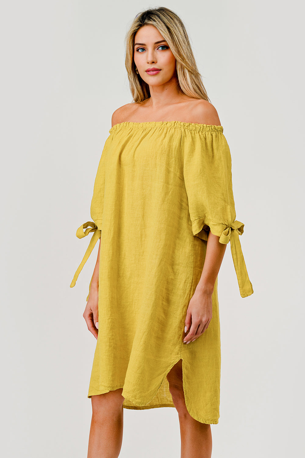 Italian Linen Off The Shoulder Dress - Raw Moda