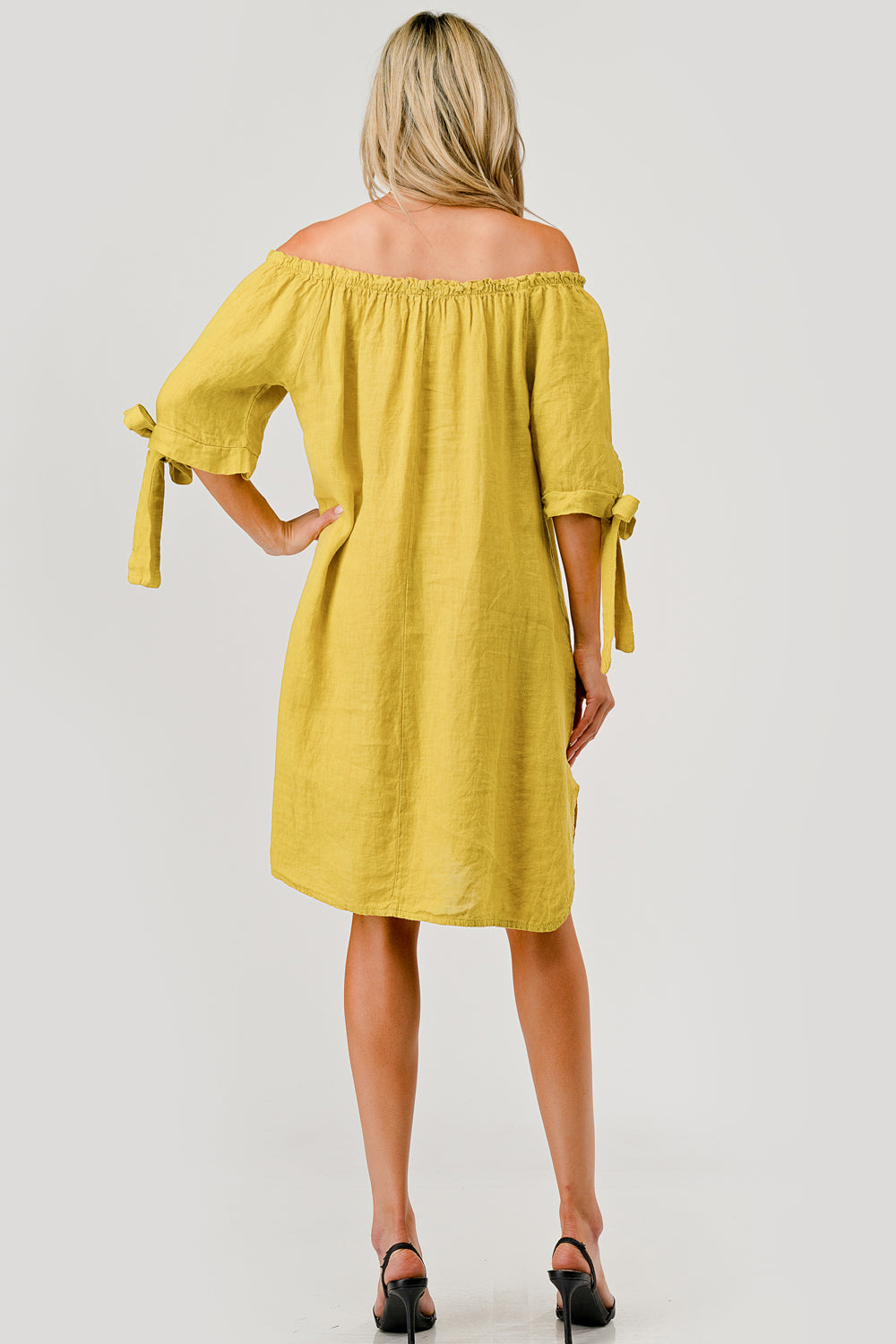Italian Linen Off The Shoulder Dress - Raw Moda