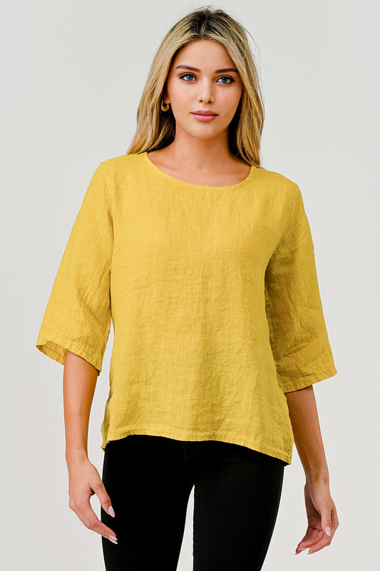 Raw Moda Short Sleeves Back Button Linen Top - Raw Moda
