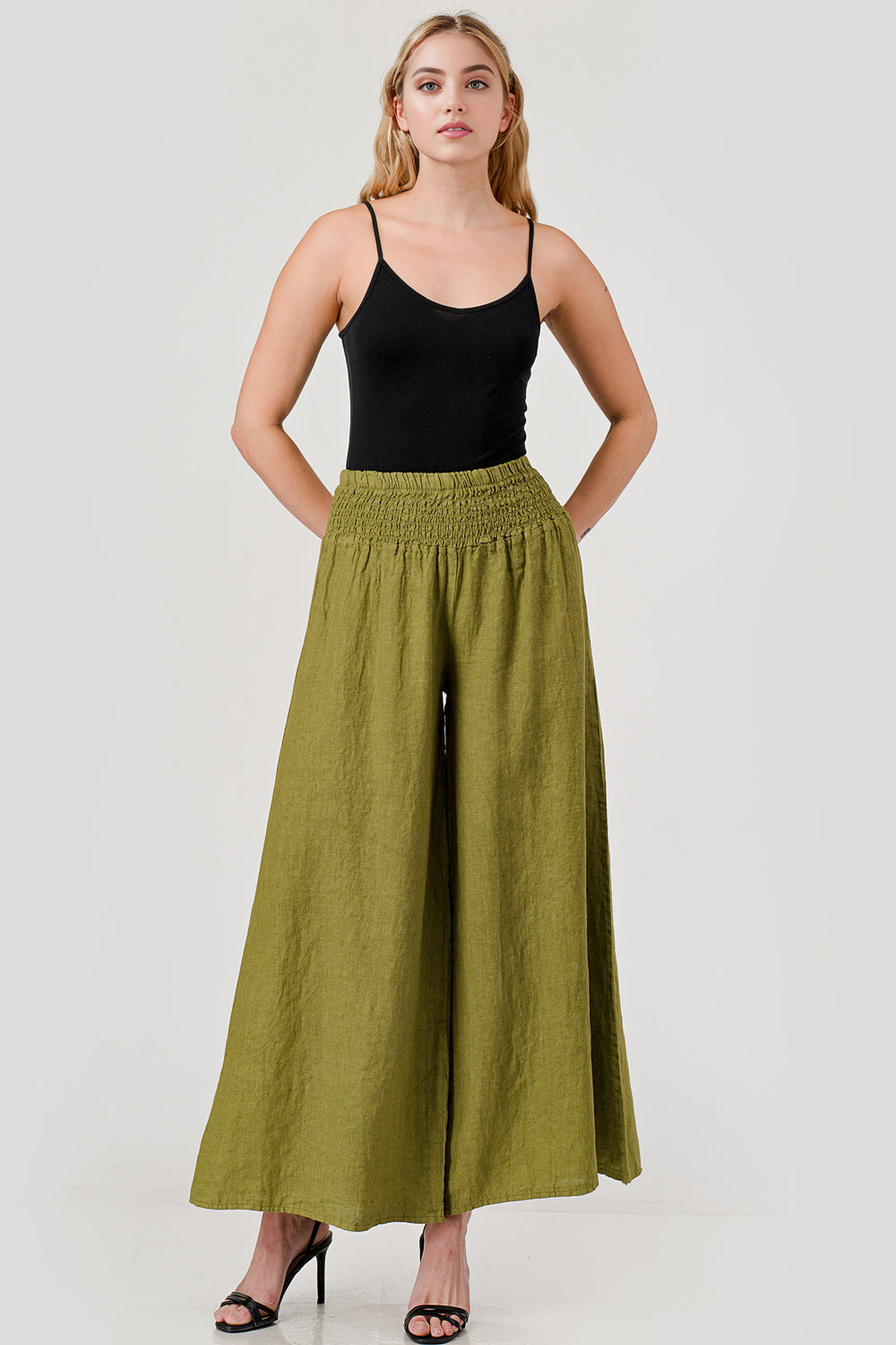 Crossover Wide Waist Linen Pants - Raw Moda