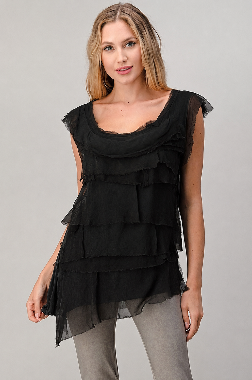 Sleeveless Italian Silk Ruffle Top