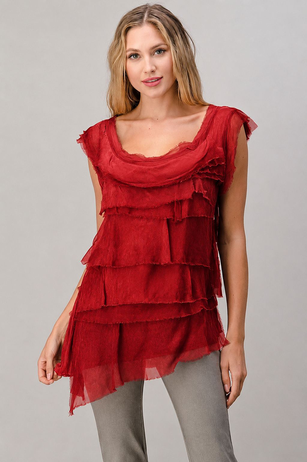 Sleeveless Italian Silk Ruffle Top