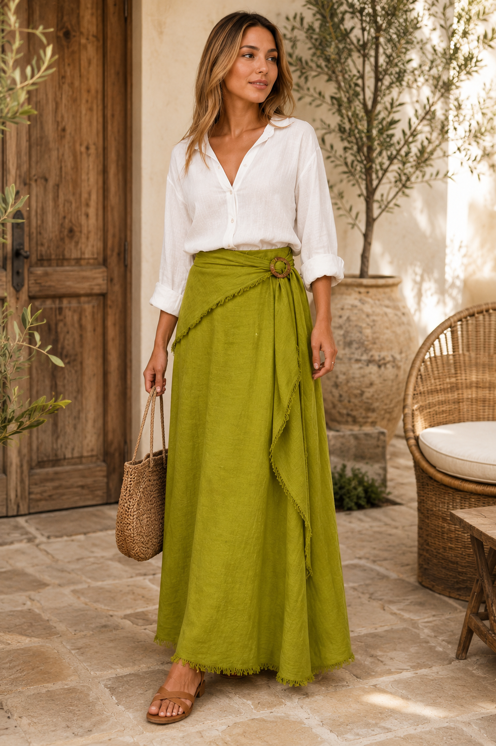 Boho Linen Wrap Maxi Skirt - Raw Moda 100% Italian linen, front view