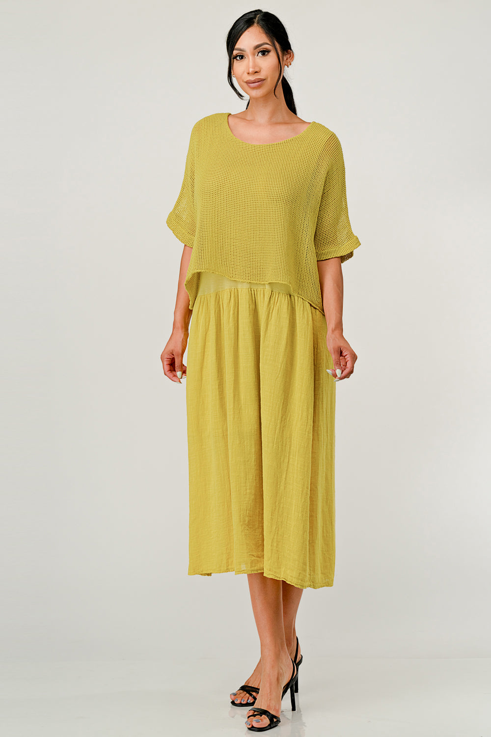 Italian Top Bottom Cotton Dress Dress Raw Moda One Size Mustard 